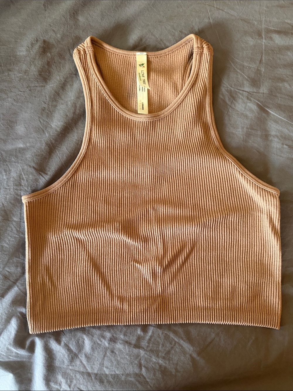 Love Tree Ribbed Cropped Tank Top - Beige/Tan